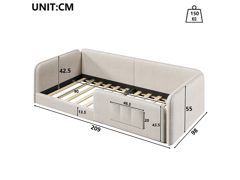 Lit simple 90 × 200 cm avec cadre bas rembourré et poches de rangement latérales en lin beige pour chambre d'enfant - Conforama C