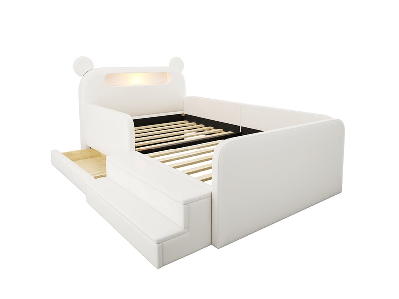  Lit enfant 90x200 cm en similicuir blanc, tête de lit ours, veilleuse, usb et rangement  - Conforama A