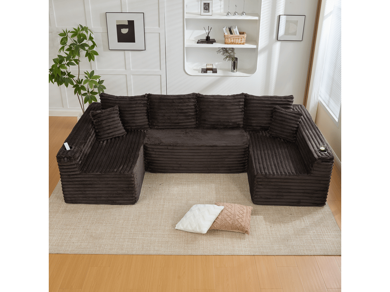  Canapé modulable en u en velours côtelé, grande assise profonde avec porte-gobelet, 4 coussins de dossier et 2 coussins décoratifs  - Conforama W