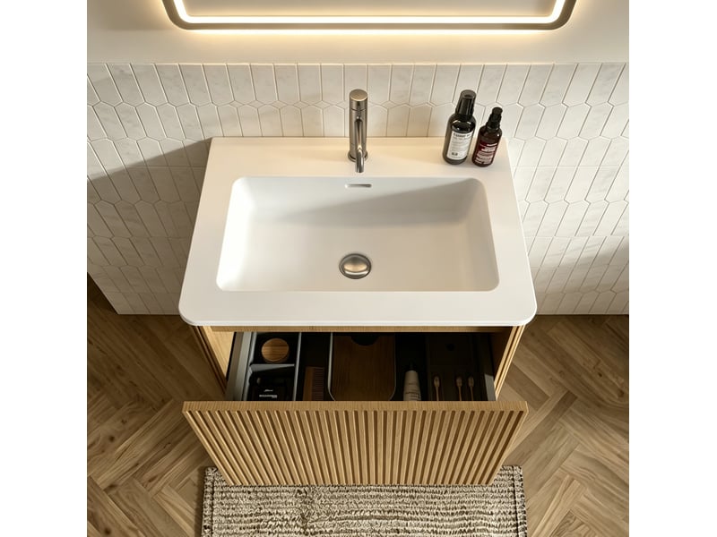 Armoire de salle de bain avec miroir led, meuble sous vasque et colonne, pour salle de bain - Conforama E