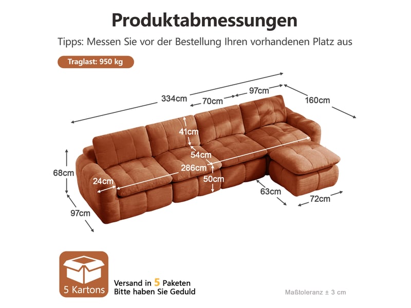 Canapé modulable 4 places modenvie en l avec 1 pouf, revêtement chenille, assises larges et profondes, 334 x 160 x 68 cm, orange - Conforama C