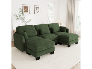 Canapé panoramique modulable en u 3 places avec 2 poufs, assise large et profonde, tissu chenille vert, cadre bois massif, 253 x 143 x 88 cm