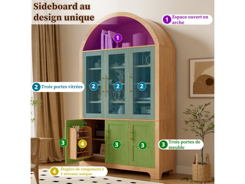  Vitrine de gamme à forme d'arche, 110 x 40 x 185 cm, 6 portes, étagères réglables, organiseur intérieur, coloris naturel  - Conforama E