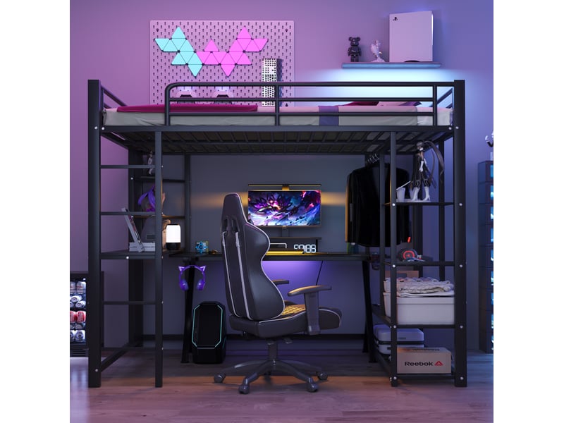 Lit mezzanine double 140x200 cm en métal noir avec bureau, penderie et étagères - Conforama E