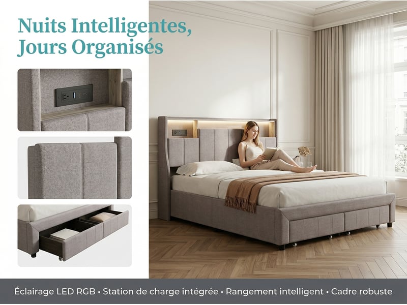  Lit 2 places 140x200 cm - tiroirs de rangement et led - rangement tête de lit - lit 2 places tissu - sommier à lattes  - Conforama E