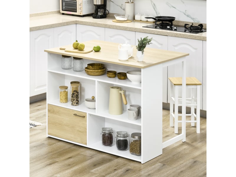  Table de bar moderne en mdf pour 2 personnes avec 4 étagères ouvertes et un placard, 116 x 79,5 x 91 cm  - Conforama C