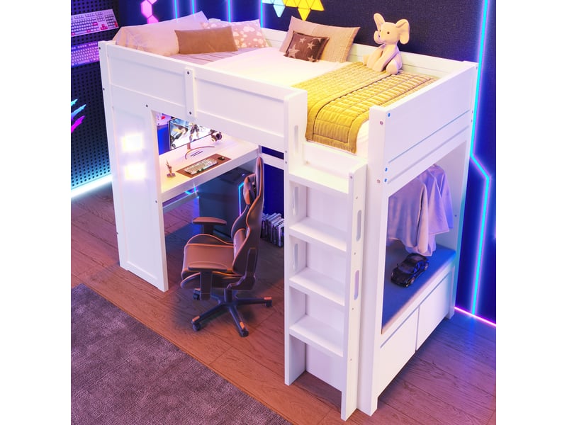 Lit mezzanine 90x200 cm avec bureau, led, usb et usb-c, blanc  - Conforama C