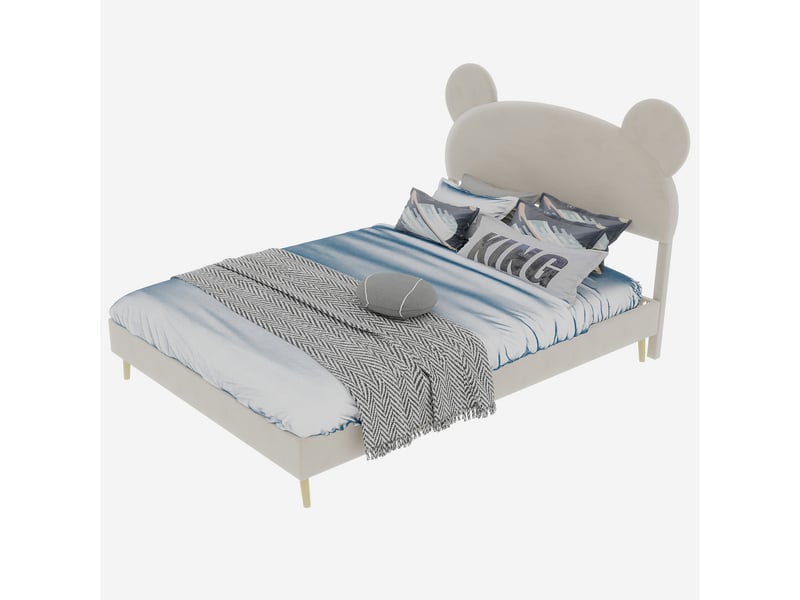  Lit enfant 140x200 cm avec tête cartoon, tissu et métal, beige, sans matelas  - Conforama A