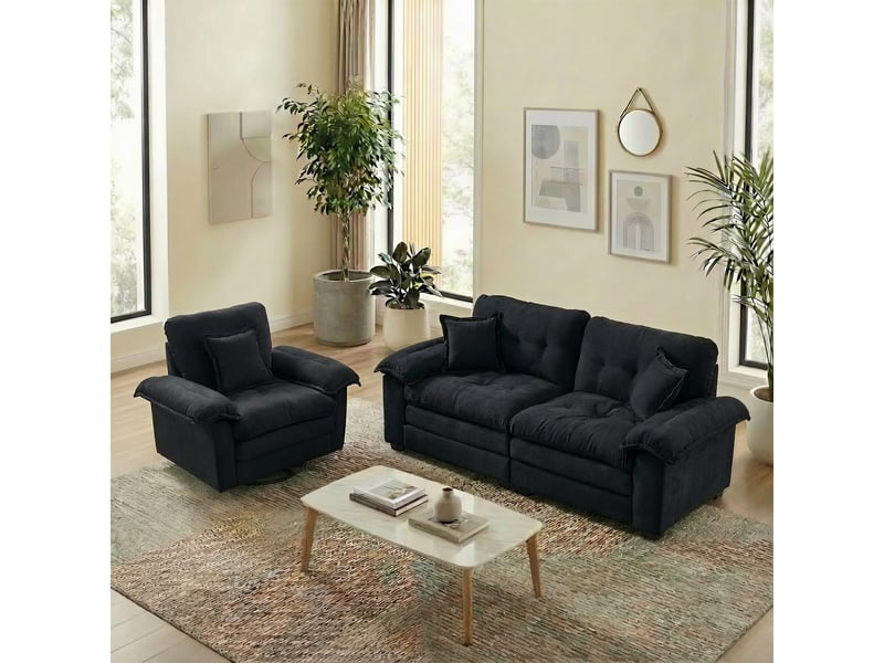 Ensemble canapé 2 places et fauteuil à assise profonde - fauteuil pivotant, chenille noir - Conforama C