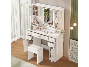 Grande coiffeuse avec miroir led 105x40x152cm prises usb | design moderne blanc 6 tiroirs et 4 portes | charge 50kg - blanc