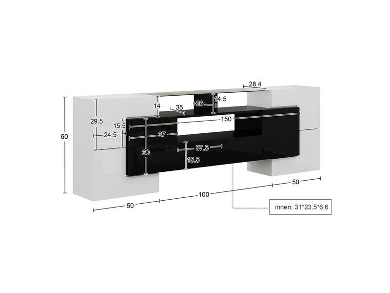  Meuble tv 200x35x60 cm, design moderne, éclairage led multicolore, structure panneau de particules, blanc et noir  - Conforama C