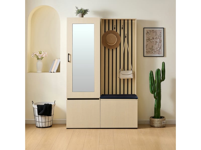  Meuble d'entrée vestiaire avec miroir et banc - 113.5x35x179.5cm - meuble rangement et patères - bois  - Conforama B