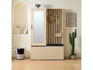 Meuble d'entrée vestiaire avec miroir et banc - 113.5x35x179.5cm - meuble rangement et patères - bois