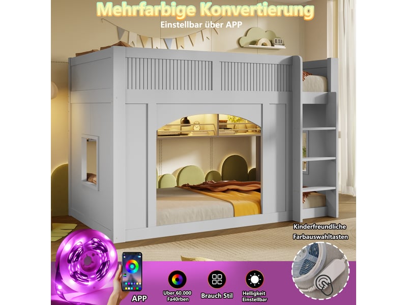  Lit mezzanine enfant 90x200cm style cabane avec bibliothèque, led multicolore, fenêtres et espace de jeu, mdf et pin - gris  - Conforama E