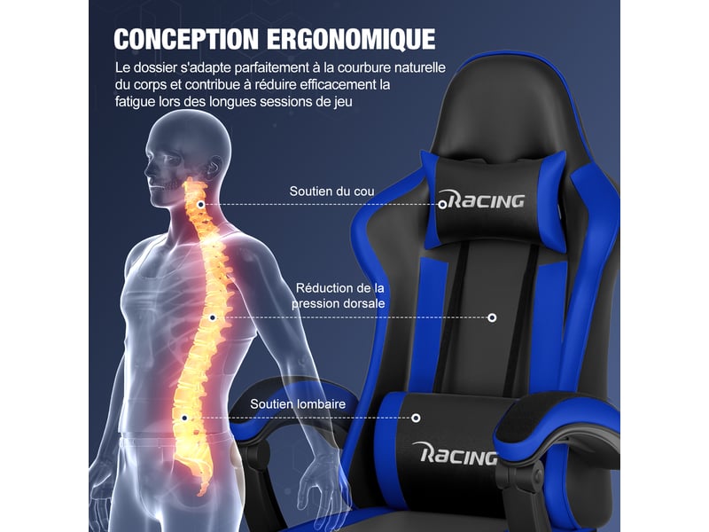  Chaise gaming, fauteuil de bureau ergonomique avec repose-pieds télescopique, chaise bureau avec appui-tête et soutien lombaire, fauteuil gaming ergonomique 150 kg, réglable en hauteur, bleu  - Conforama C