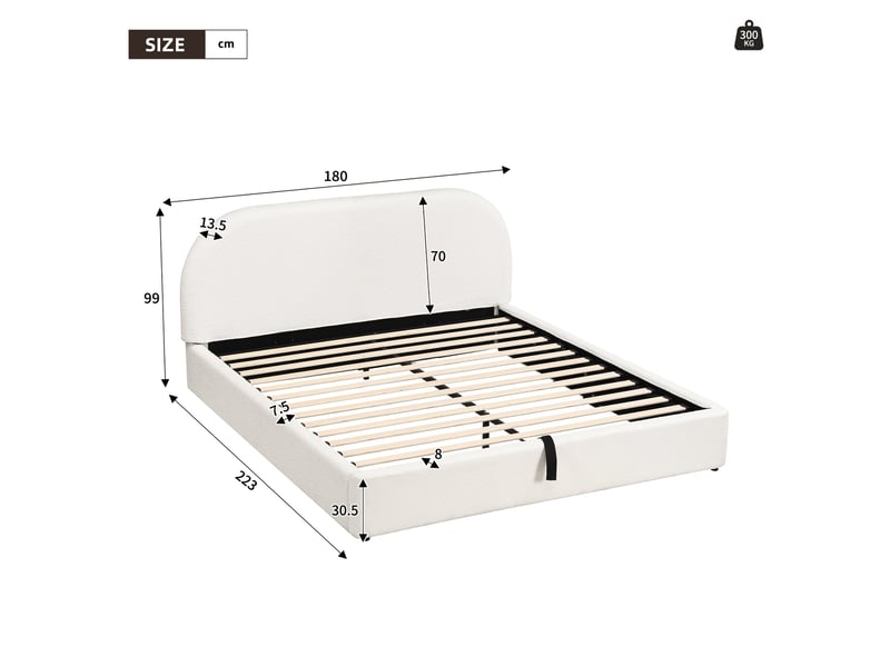  Lit coffre 160 x 200 cm, avec grand espace de rangement, sommier à lattes et tête de lit rembourrée, finition bouclette, beige  - Conforama C