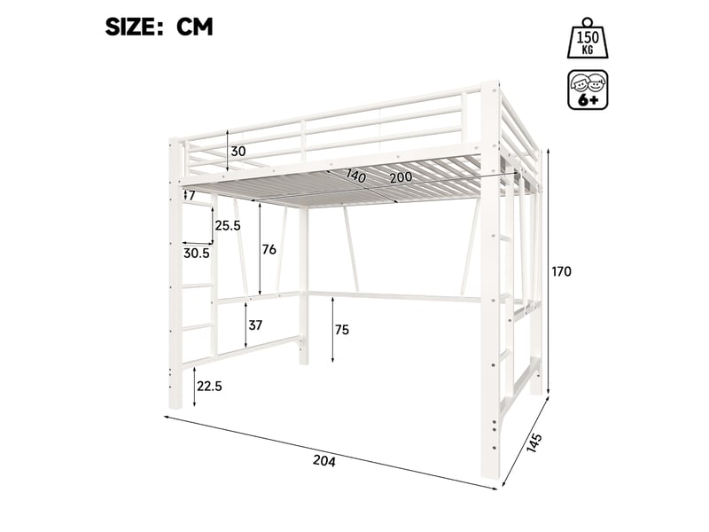  Lit mezzanine 140x200 cm coloris blanc, lit superposé enfant avec double échelle, lit en hauteur métal, sans matelas  - Conforama C