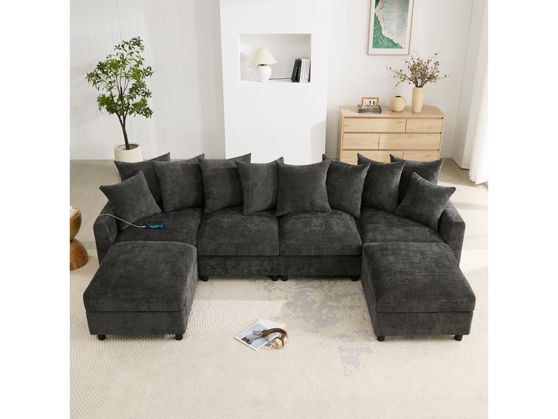  Canapé d'angle, canapé modulable, 6 places, en chenille, gris, repose-pieds, pour salon et séjour, usb  - Conforama C