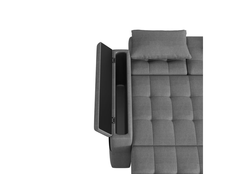  Canapé convertible 2 places gris avec rangement, dossier réglable, accoudoirs avec rangements et coussins  - Conforama D