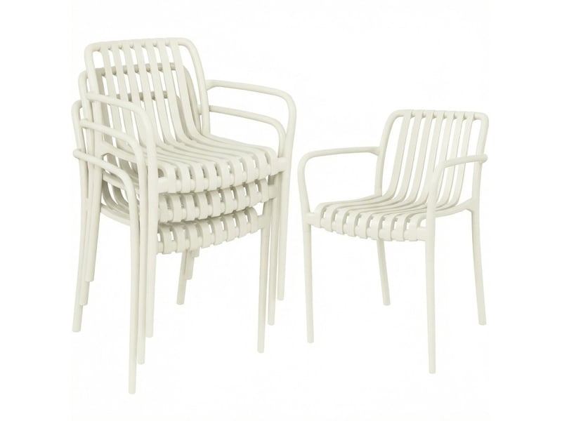  Lot de 4 chaises de jardin empilables avec accoudoirs en plastique blanc crème, design à lames ergonomique  - Conforama A