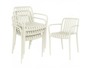 Lot de 4 chaises de jardin empilables avec accoudoirs en plastique blanc crème, design à lames ergonomique