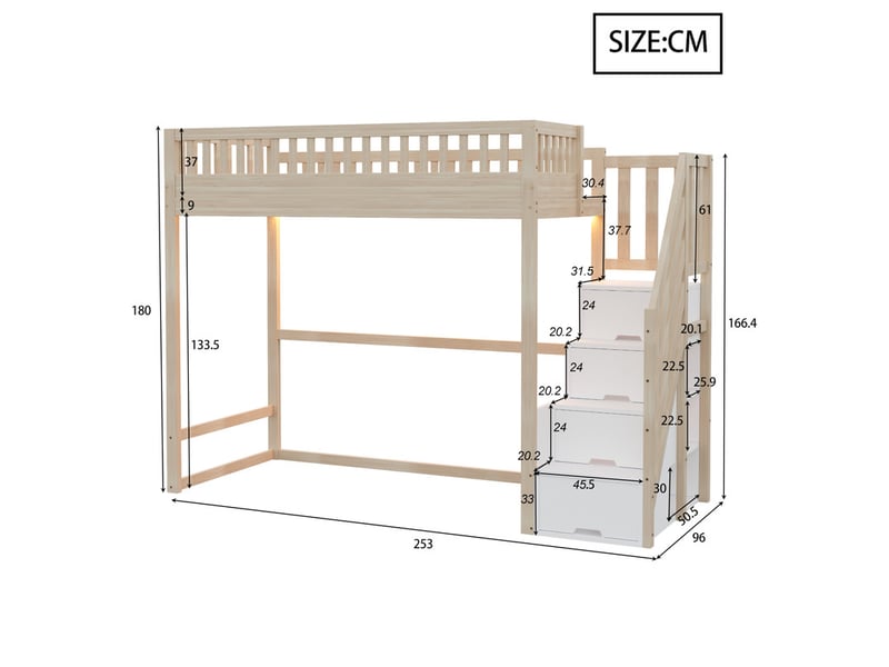 Lit mezzanine 90 x 200 cm - avec échelle de sécurité - avec barrières de sécurité - avec éclairage led - naturel (matelas non inclus)  - Conforama C