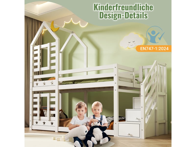  Lit superposé cabane 90x200 cm avec tiroirs et escalier de rangement, sommier à lattes inclus, bois blanc  - Conforama R