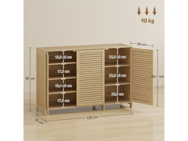  Meuble à chaussures 3 portes persiennes 5 étagères réglables bambou  - Conforama C