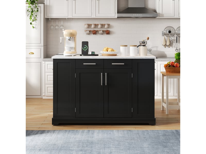  Îlot de cuisine modenvie à plateau rabattable 138 x 86 x 92 cm noir effet marbre avec roulettes et prises  - Conforama D