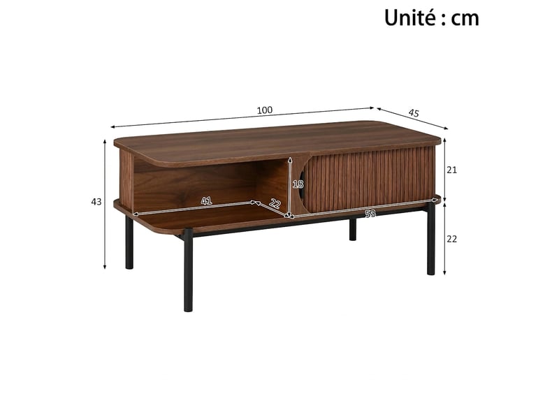  Table basse rectangulaire moderne avec rangement portes coulissantes pieds en métal noir noyer  - Conforama E