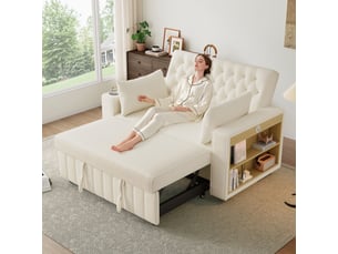Canapé convertible 2 places avec dossier réglable, porte-gobelet, usb, étagère latérale, 2 coussins, tissu chenille - beige