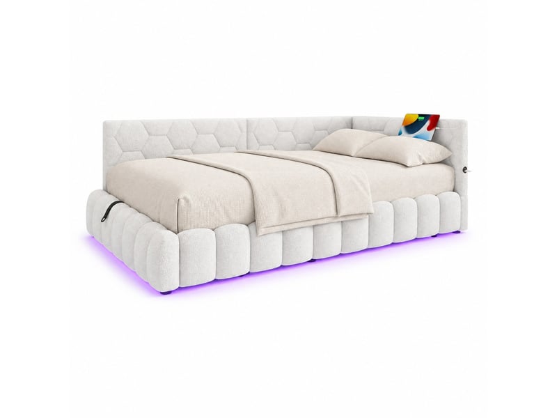  Lit banquette 90 × 200 cm avec rangement hydraulique, éclairage multicolore et ports usb, en velours blanc  - Conforama A