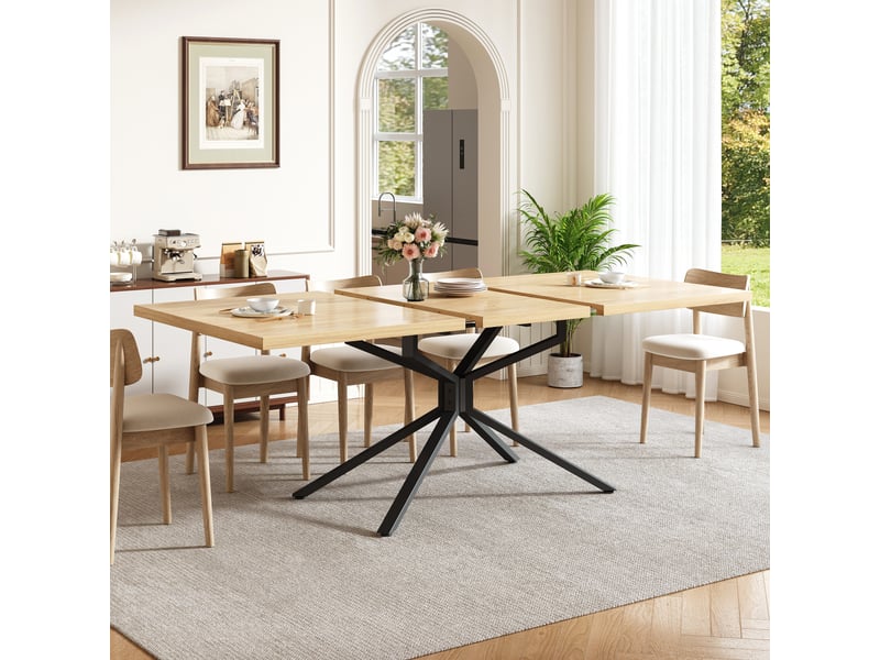  Table à manger extensible 120160 x 90 x 75 cm, 4 à 6 personnes, piètement étoile métal, plateau mdf, patins réglables, chêne clair Bliss Lite - Conforama E