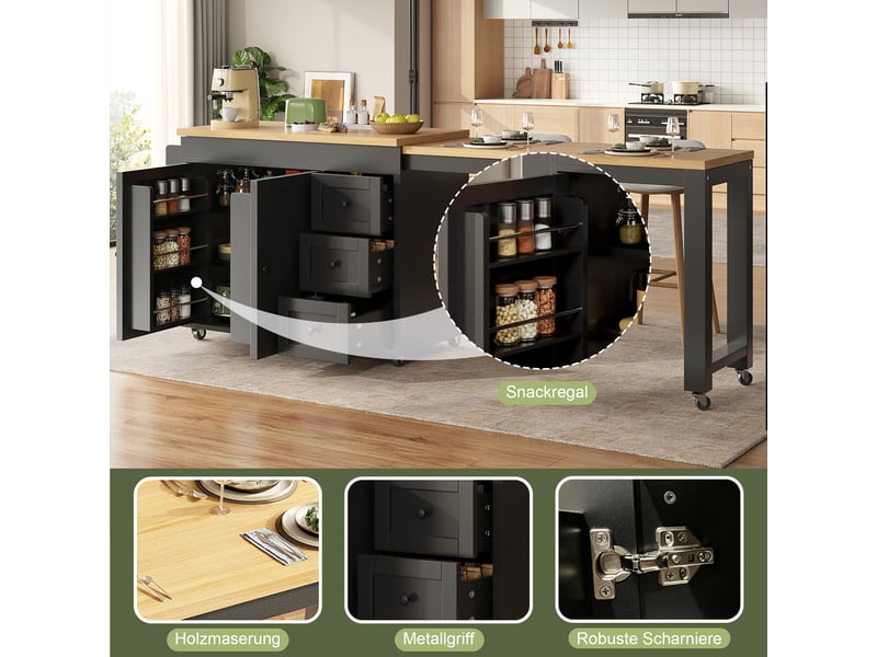  Îlot de cuisine extensible avec rangements et roulettes noir 116-179.5 cm  - Conforama D