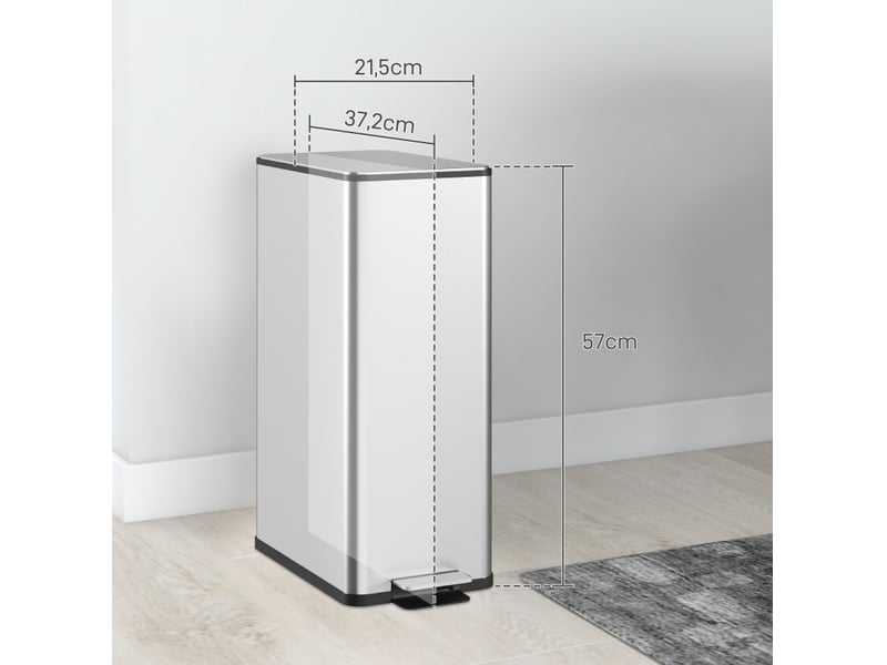  Poubelle à pédale 20 l 21,5 x 37,2 x 57 cm argentée en acier inoxydable, avec seau intérieur amovible  - Conforama C