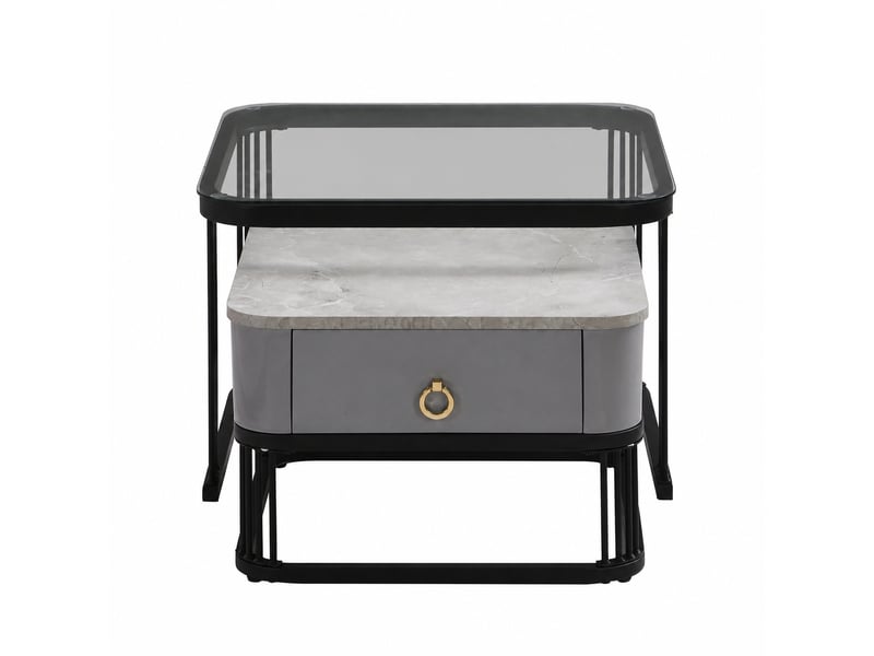  Ensemble de 2 tables basses gigognes en verre effet marbre noir et gris avec 2 tiroirs, 60 x 60 cm  - Conforama A