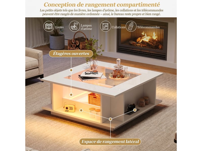  Table basse carrée blanche avec éclairage led - plateau en verre et rangement 70x70x30 cm  - Conforama D