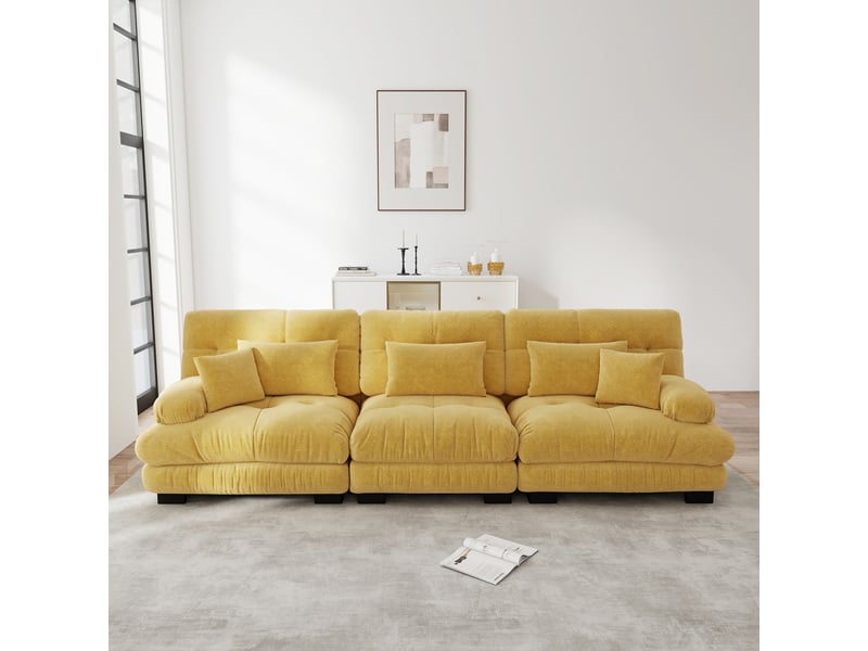  Canapé d'angle, canapé convertible, 3 places, jaune, en chenille, assise profonde  - Conforama A
