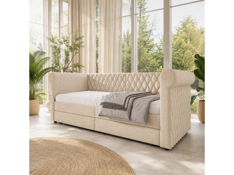  Lit banquette 90x200 cm avec 2 tiroirs, revêtement en lin beige  - Conforama D