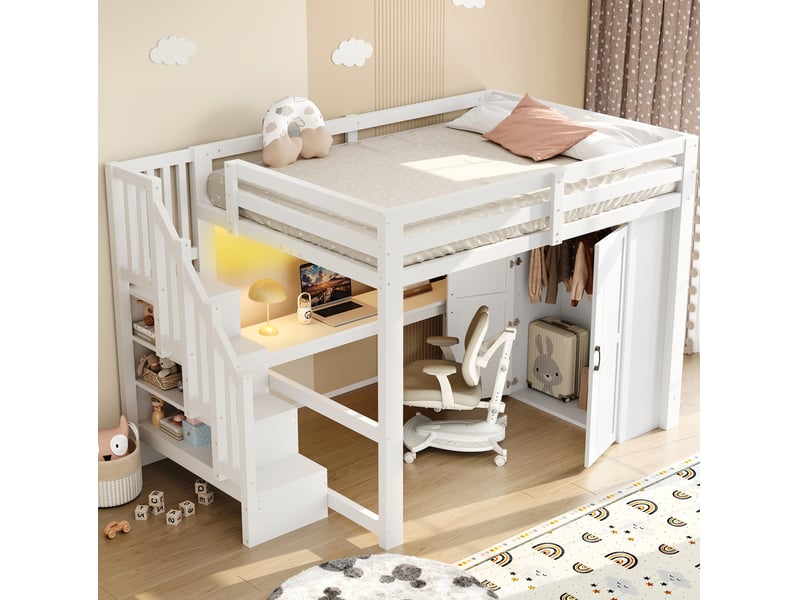 Lit mezzanine 140x200 cm bureau armoire, escalier rangement, led usb, sommier à lattes mdf bois blanc sans matelas - Conforama E