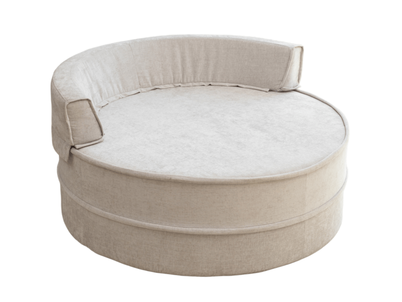 Fauteuil rond gris avec pouf, fauteuil lounge en chenille avec cinq coussins, assise mi-ferme pour salon, 163 x 121 x 66 cm - Conforama A