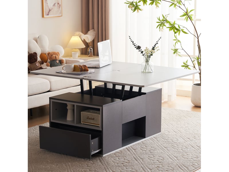  Table basse relevable ulevr 100 x 51 x 47 cm, plateau 2-en-1 avec rangement, panneau de particules gris foncé et gris clair  - Conforama B