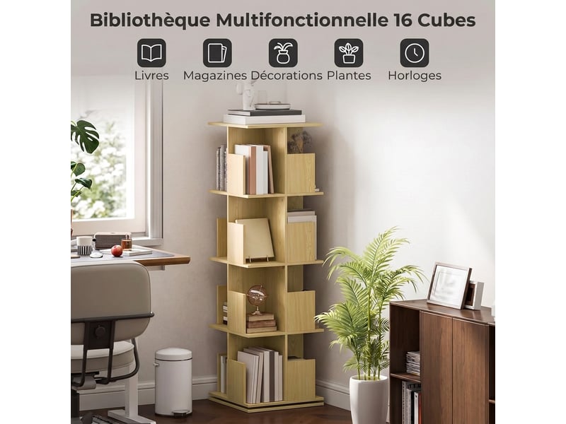  Bibliothèque rotative 360° à 4 niveaux 39 x 39 x 128,3 cm chêne  - Conforama E