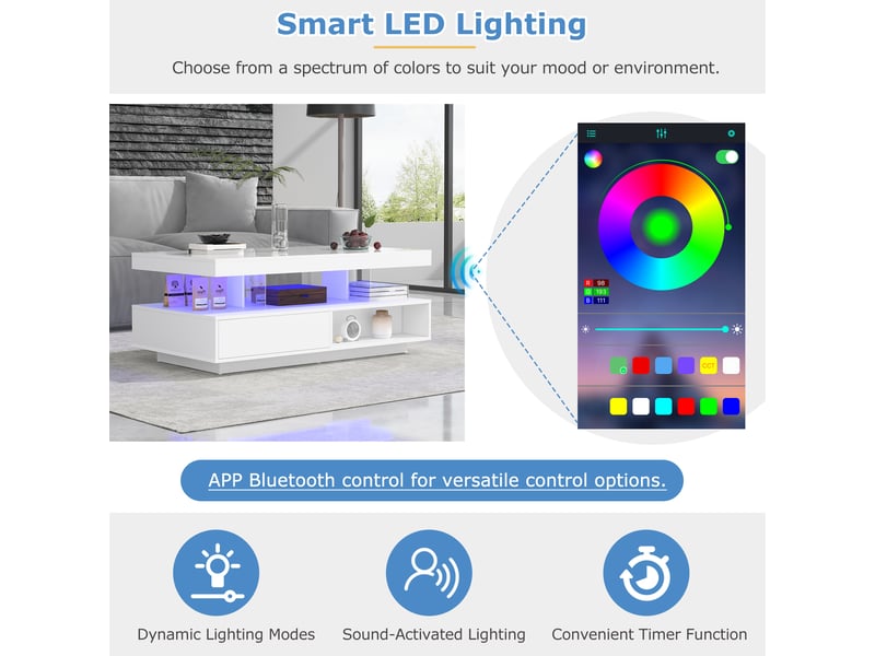  Table basse blanche laquée avec led bluetooth, 4 plateaux en verre et 2 tiroirs, 95x50x42,5 cm, bois, blanc  - Conforama R