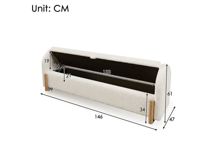  Banc de rangement 146 cm blanc en chenille bouclée, ouverture hydraulique, 150 kg  - Conforama C