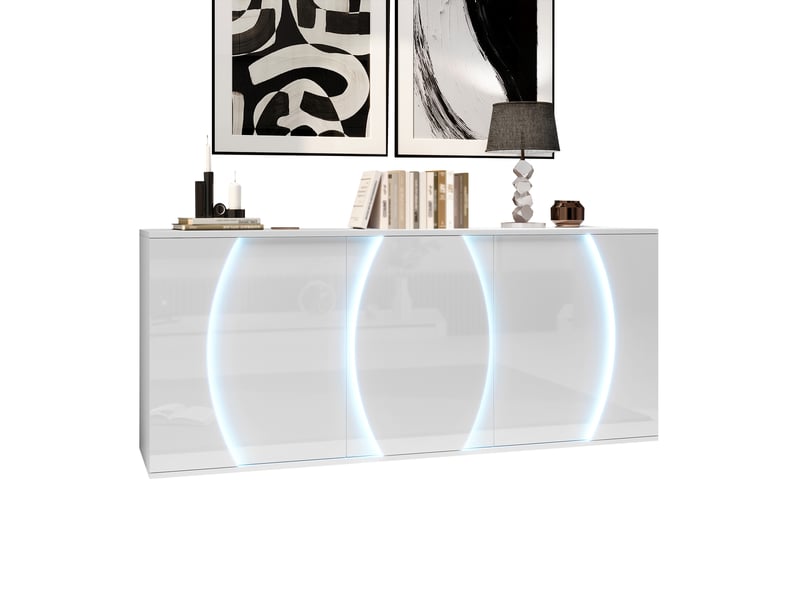  Buffet de salon, avec 3 portes, étagères réglables et éclairage led usb, panneau de particules, blanc, 150×40×70 cm  - Conforama A