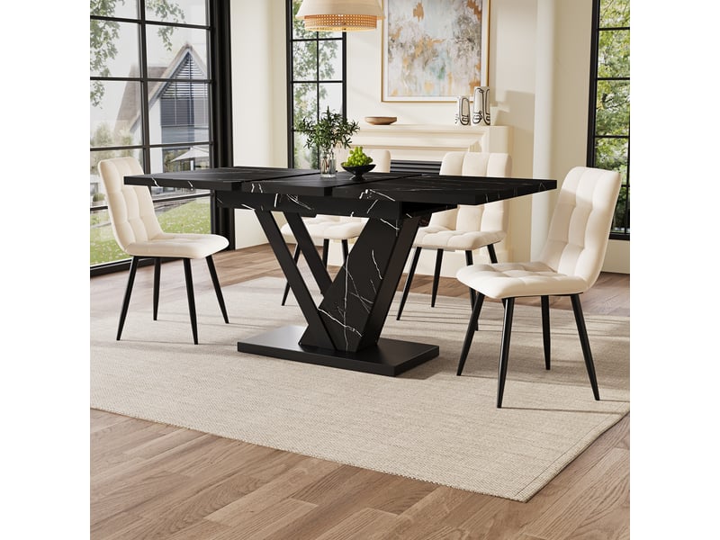  Table à manger extensible 120160x75 cm, 4-6 personnes, rallonge intégrée, plateau effet marbre, pieds métal - noir  - Conforama D