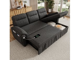 Canapé d'angle droit convertible MODENUIT 3 places Polyester gris avec coffre de rangement