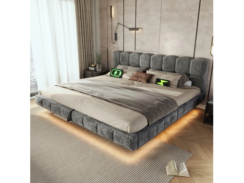 Lit double coffre 180x200 cm en chenille grise avec led et ports usbtype-c - Conforama B