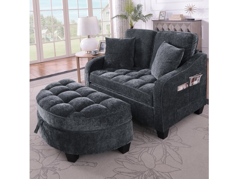  Canapé-lit 1 place convertible noir en chenille avec pouf de rangement  - Conforama D